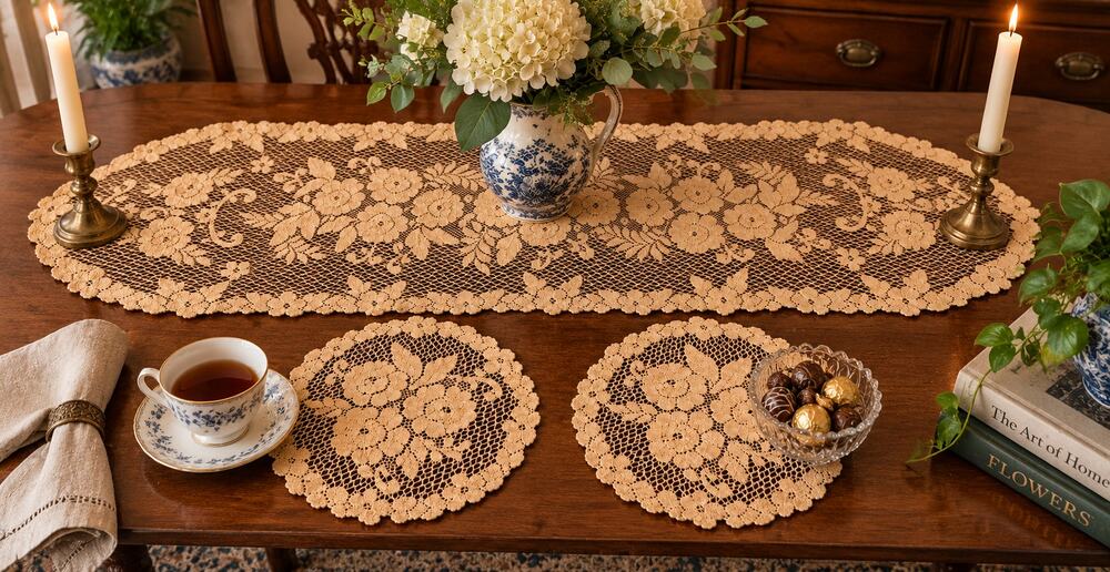 Vintage Crochet Lace Table Runner & 2 Round Doilies Floral Rose Light Brown 3 Pc